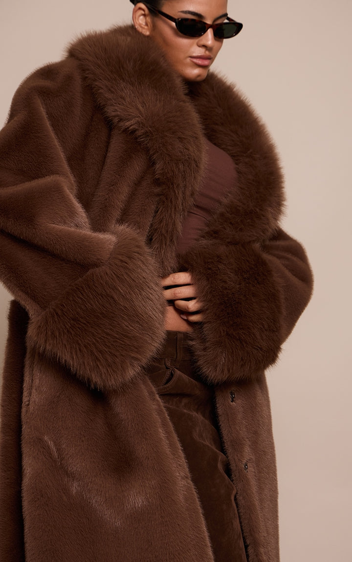 Plus Chocolate Faux Fur Self Tie Oversized Coat image 1