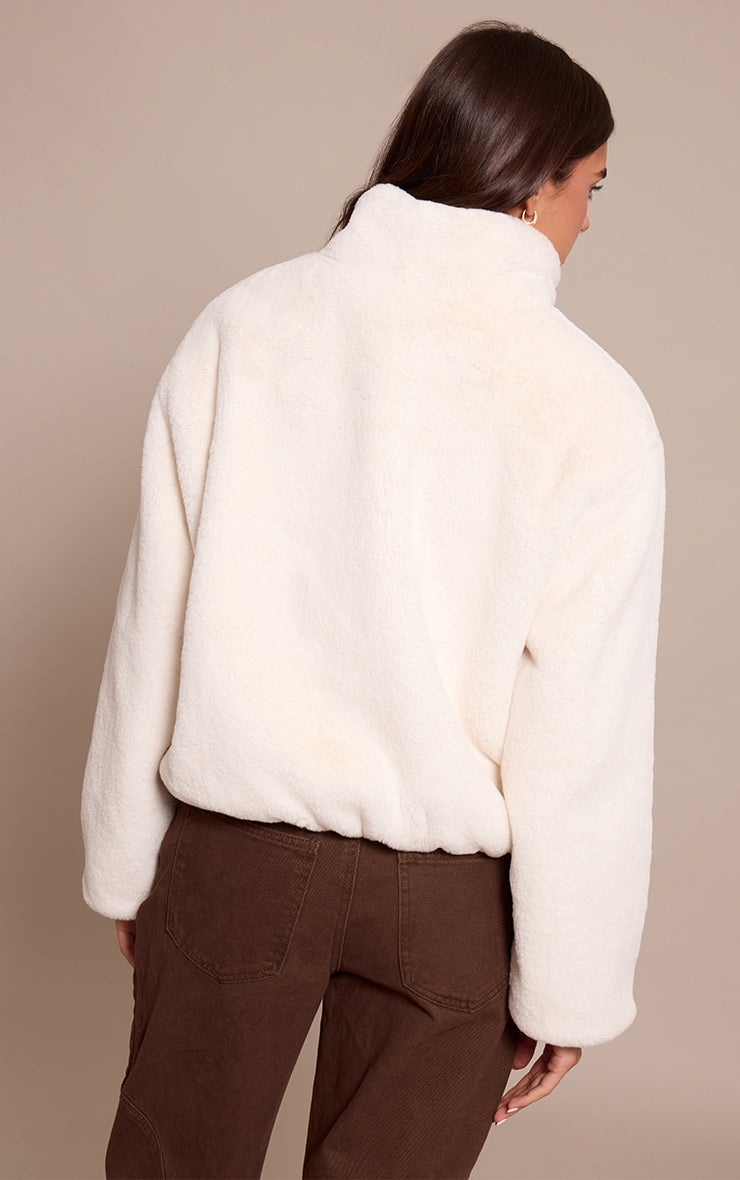 White Plush Faux Fur Cropped Bomber Style Coat image 2