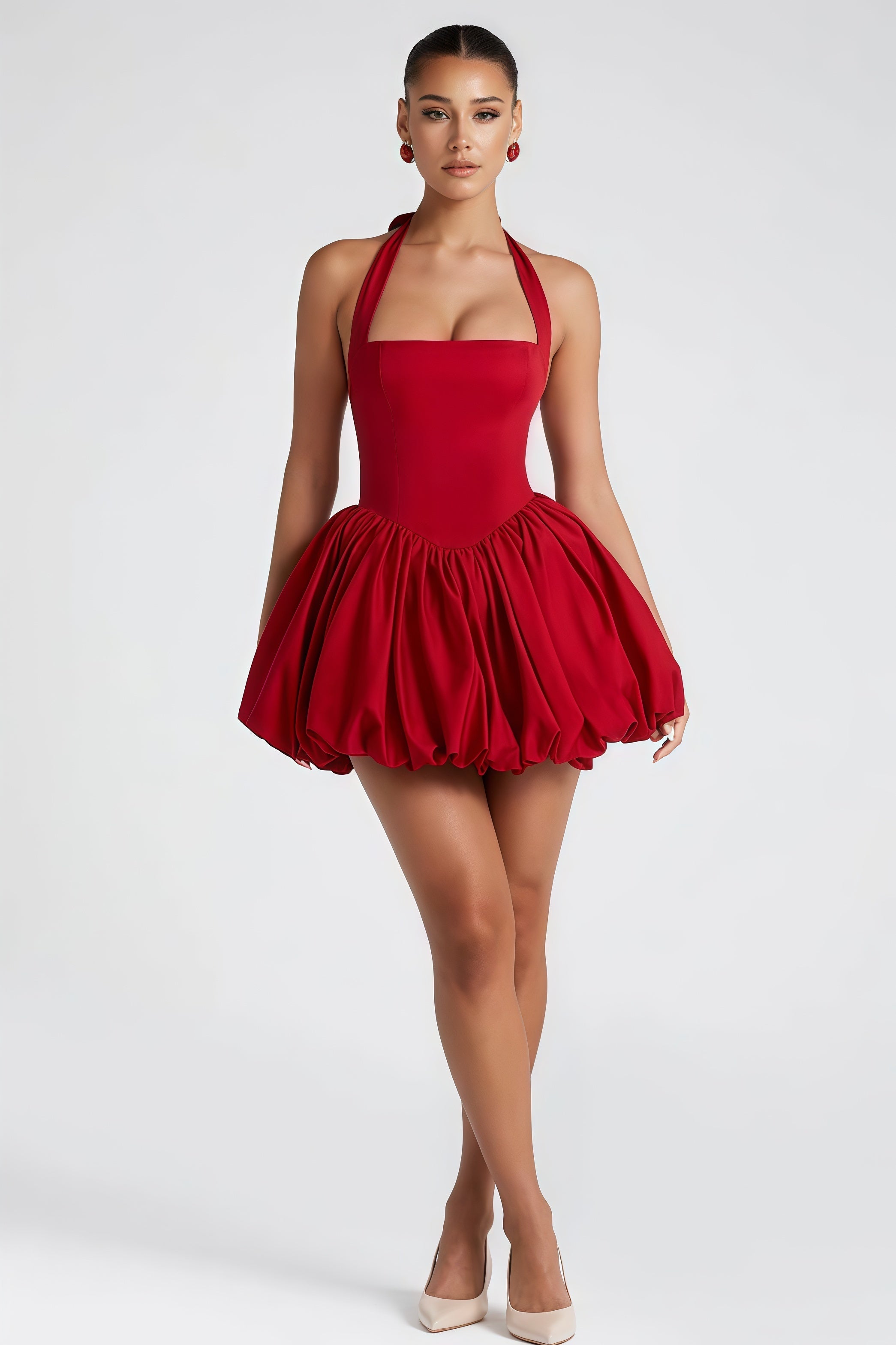 Anaelle Red Shirred Puffball Mini Dress