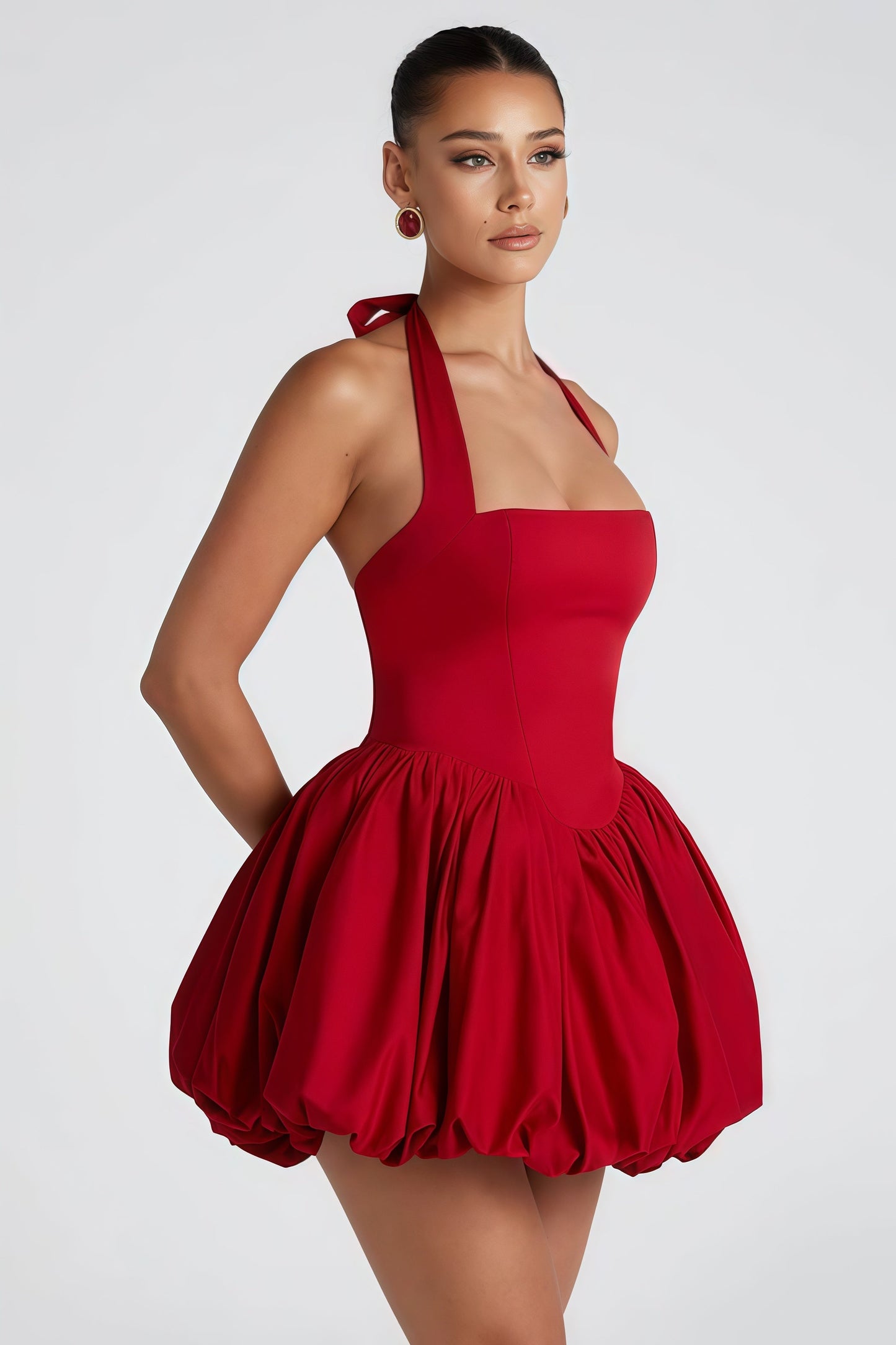 Anaelle Red Shirred Puffball Mini Dress