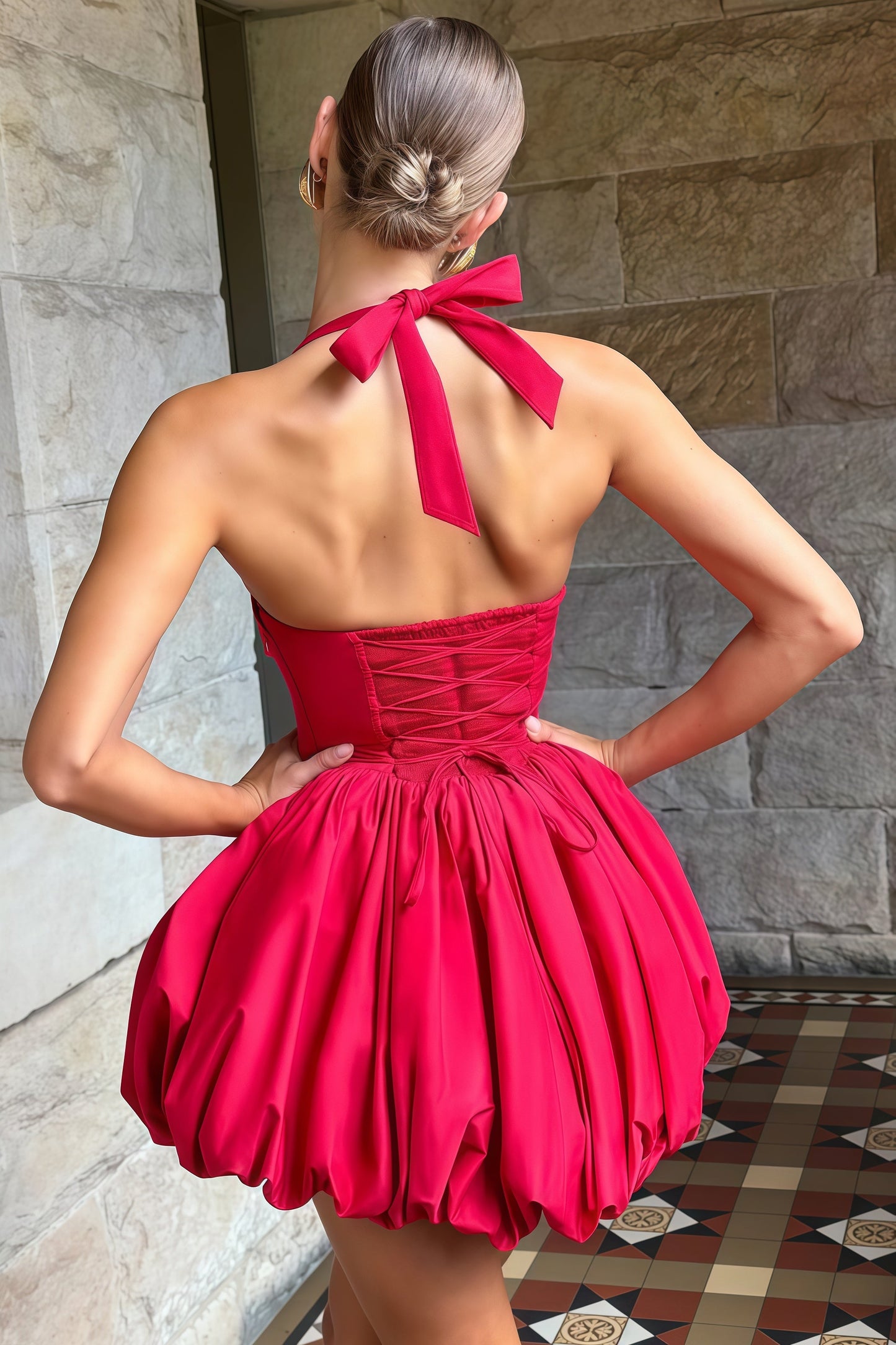 Anaelle Red Shirred Puffball Mini Dress