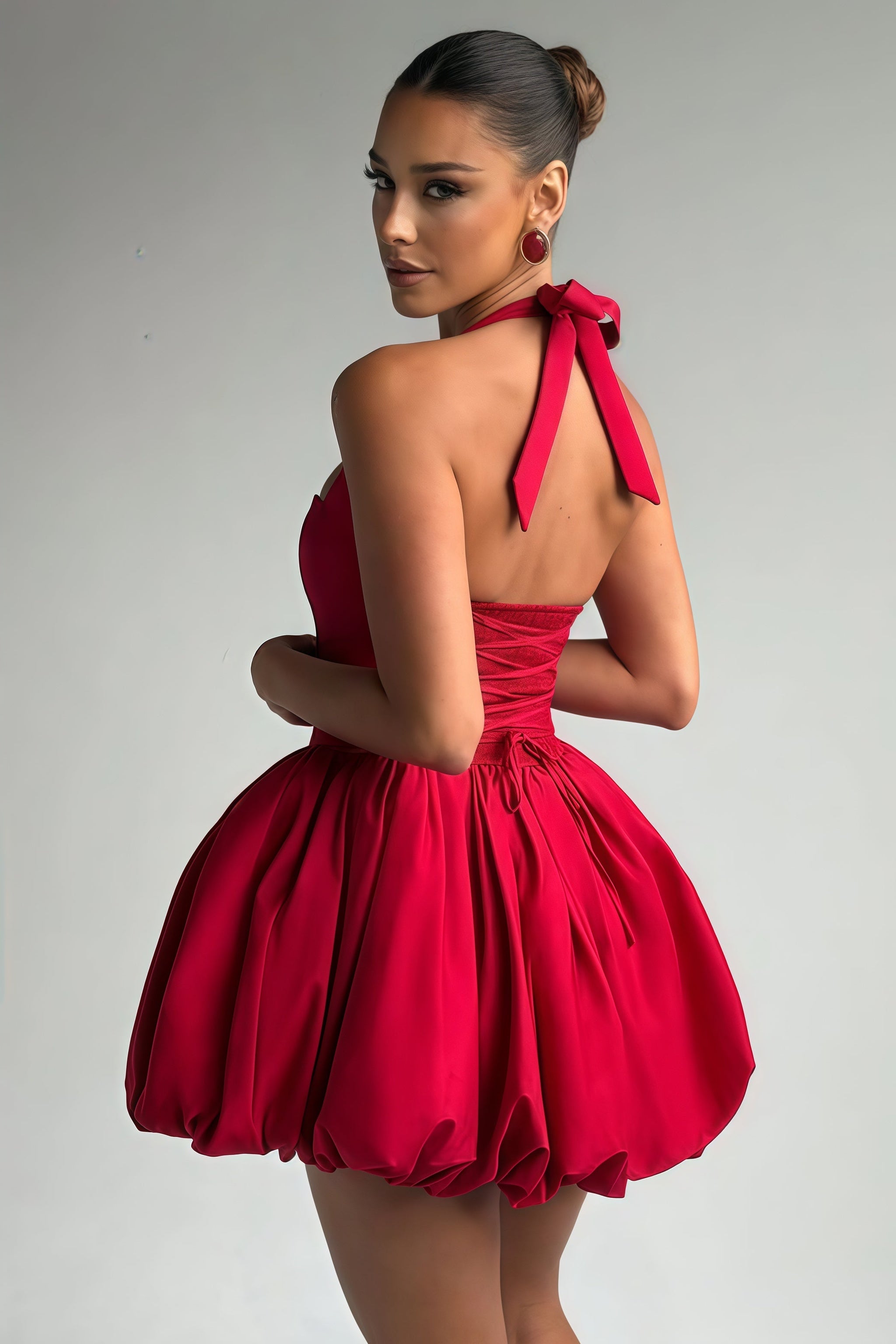 Anaelle Red Shirred Puffball Mini Dress