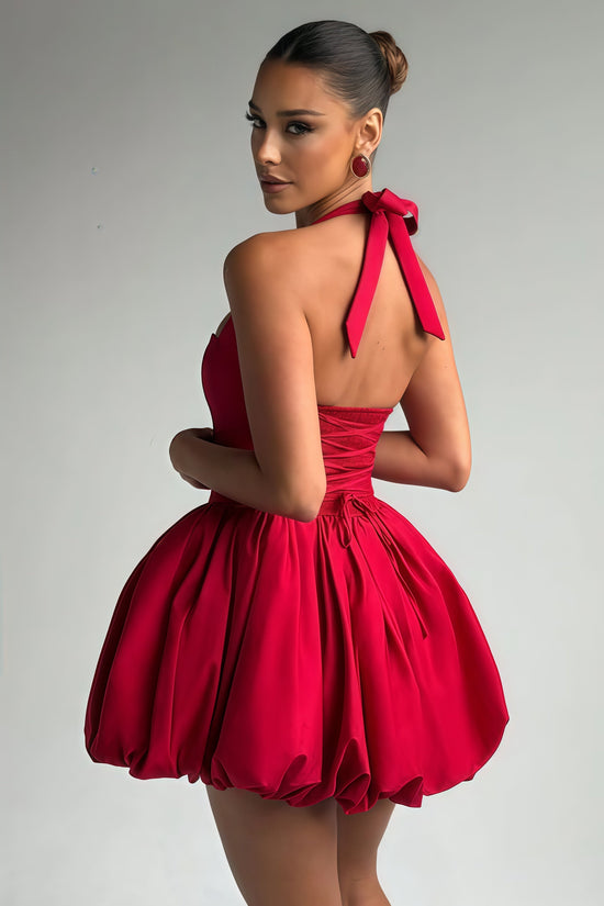 Anaelle Red Shirred Puffball Mini Dress