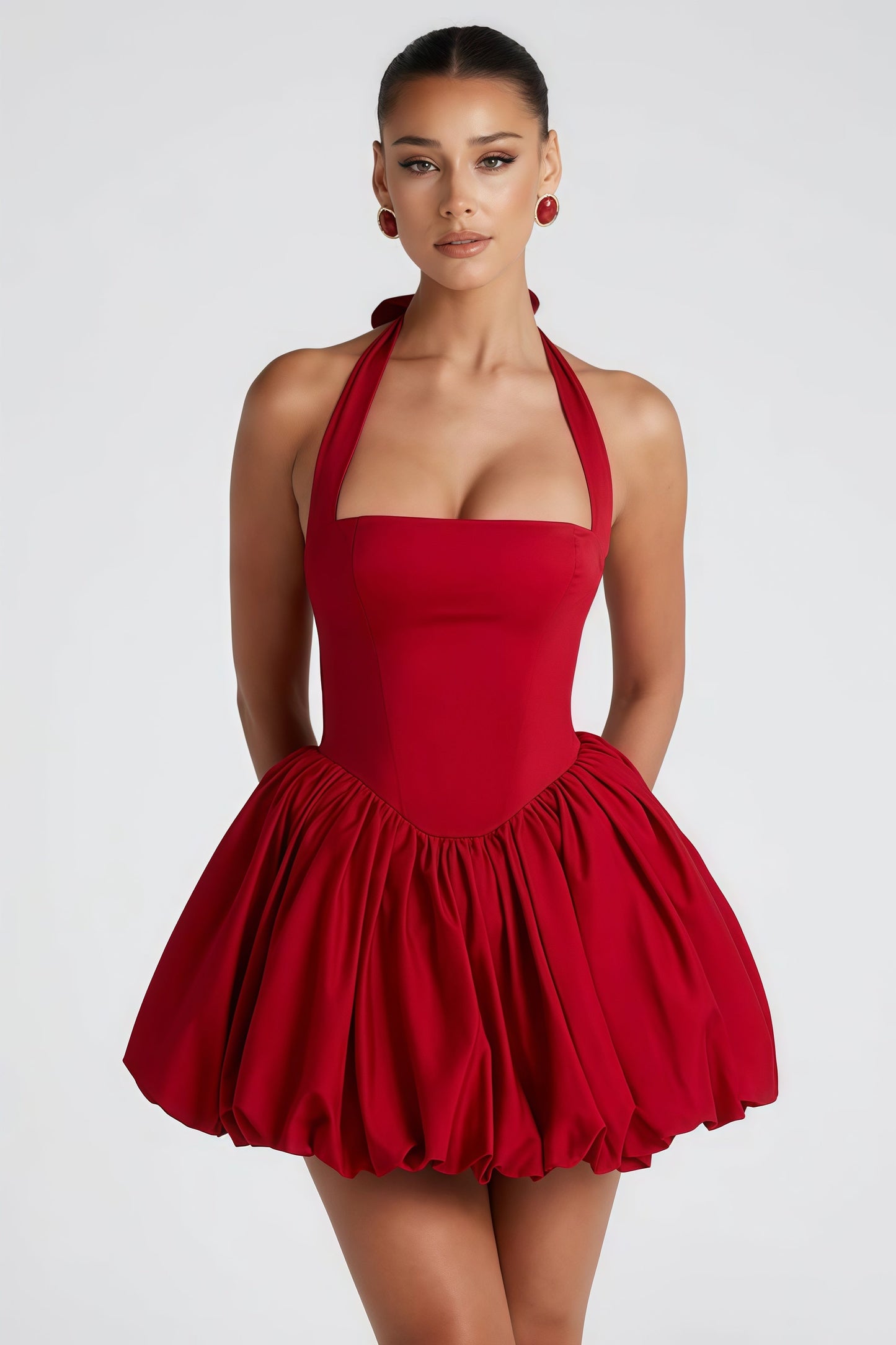 Anaelle Red Shirred Puffball Mini Dress